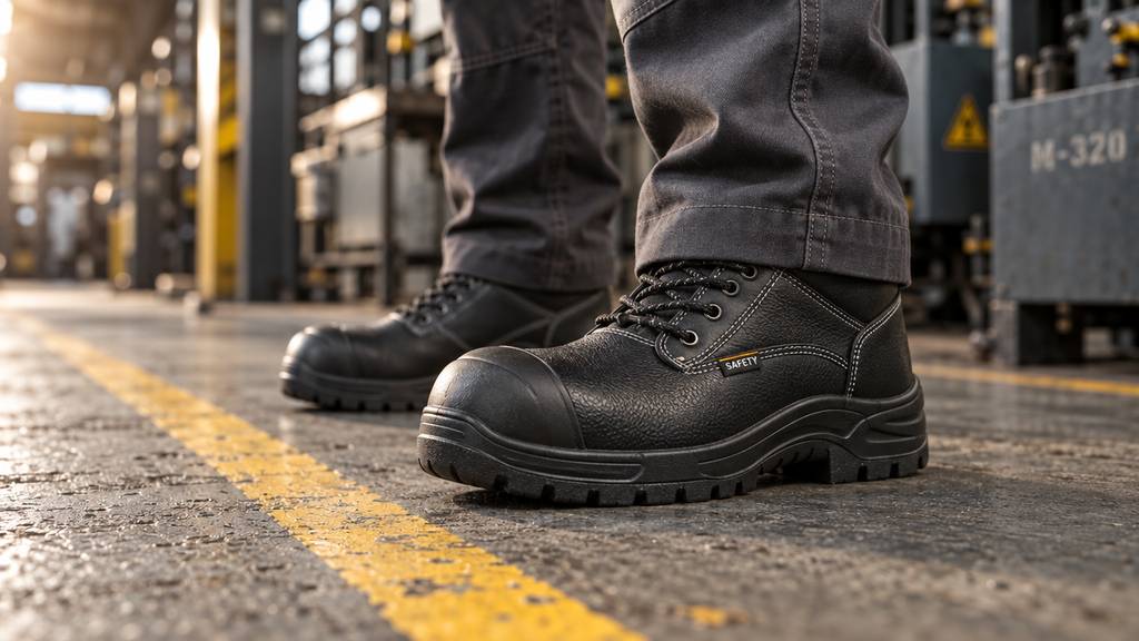 Bota de seguridad negra con casquillo sobre piso de planta con marcaje amarillo