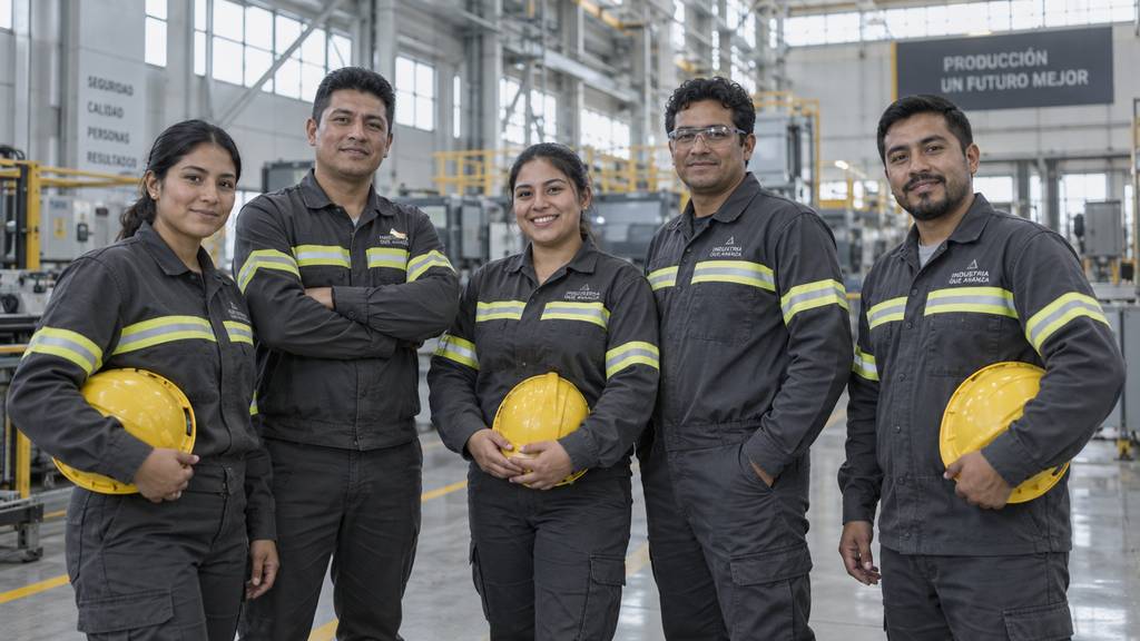 Equipo de cinco colaboradores con uniforme industrial gris con reflejantes y cascos amarillos en una planta