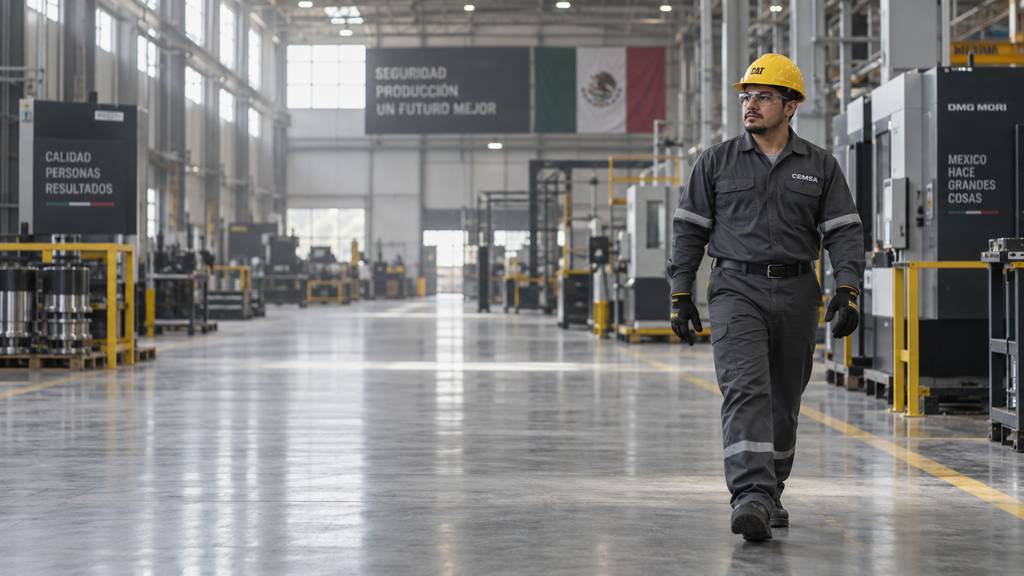 Trabajador con casco amarillo, lentes de seguridad y uniforme gris recorre el pasillo de una planta industrial con maquinaria CNC